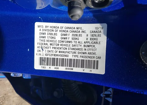 2019 Honda Civic Sport z USA, uszkodzony, nr VIN 2HGFC2F80KH503960